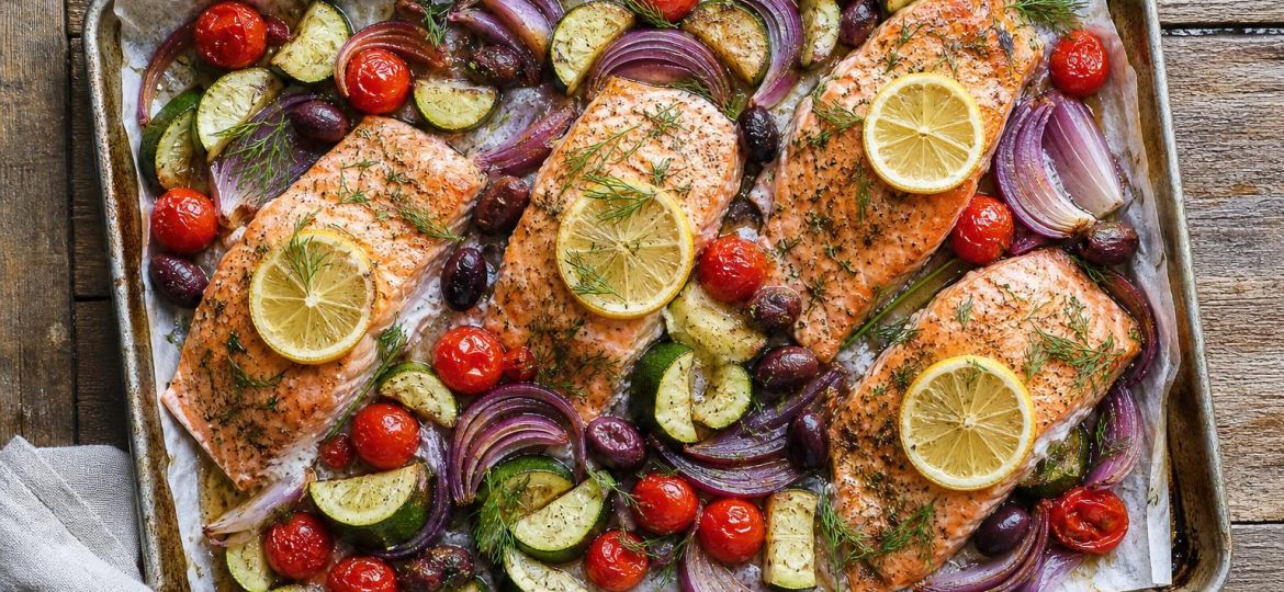 Sheet-pan salmon fillets with lemon, cherry tomatoes, zucchini and olives