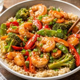 Shrimp and vegetable stir-fry served over brown rice