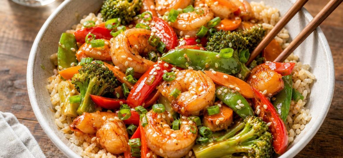 Shrimp and vegetable stir-fry served over brown rice