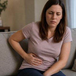 Tired woman on a couch with a hand on her upper right abdomen
