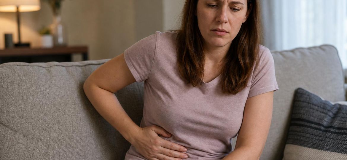 Tired woman on a couch with a hand on her upper right abdomen