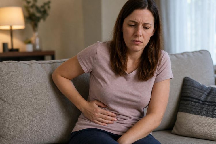 Tired woman on a couch with a hand on her upper right abdomen