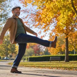 Cheerful man walking with an exaggerated high step along a sunny park path