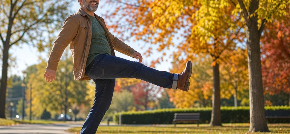 Cheerful man walking with an exaggerated high step along a sunny park path