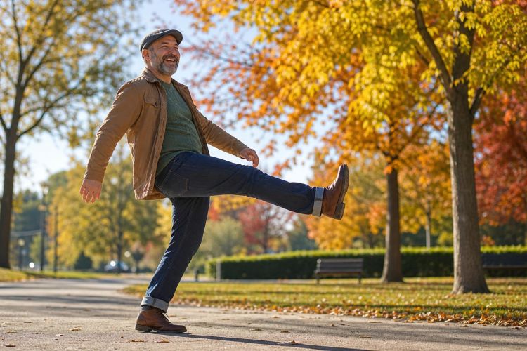 Cheerful man walking with an exaggerated high step along a sunny park path
