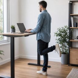 Man working at a standing desk in a bright home office