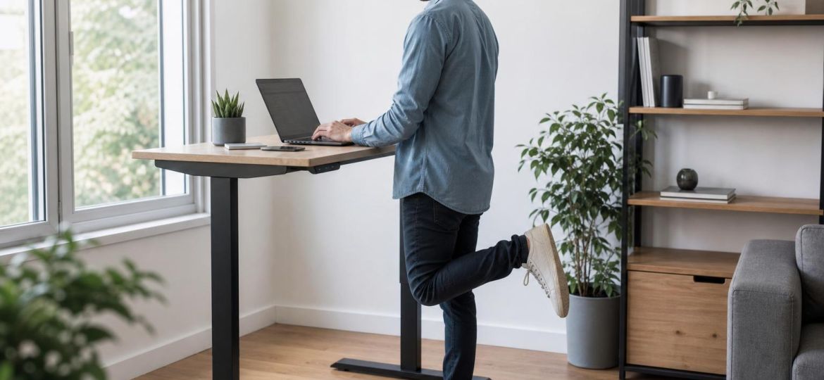 Man working at a standing desk in a bright home office