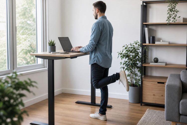 Man working at a standing desk in a bright home office
