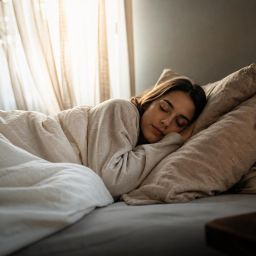 Woman sleeping peacefully in a cozy bedroom in soft morning light