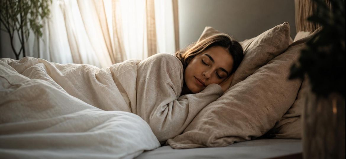 Woman sleeping peacefully in a cozy bedroom in soft morning light