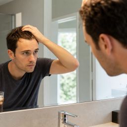 Young man checking his hairline in a bathroom mirror