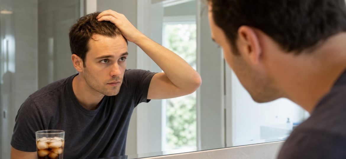 Young man checking his hairline in a bathroom mirror