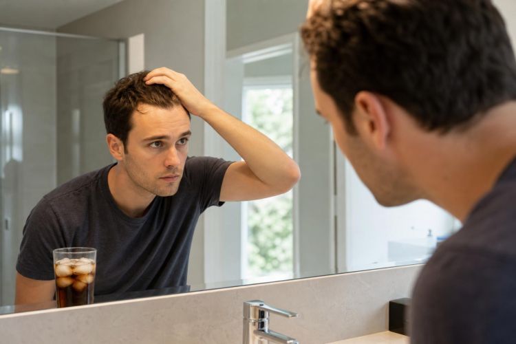 Young man checking his hairline in a bathroom mirror