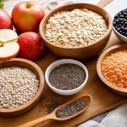 High-fiber foods including oats, black beans, lentils, apples and chia seeds
