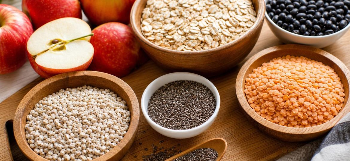 High-fiber foods including oats, black beans, lentils, apples and chia seeds