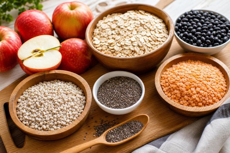 High-fiber foods including oats, black beans, lentils, apples and chia seeds