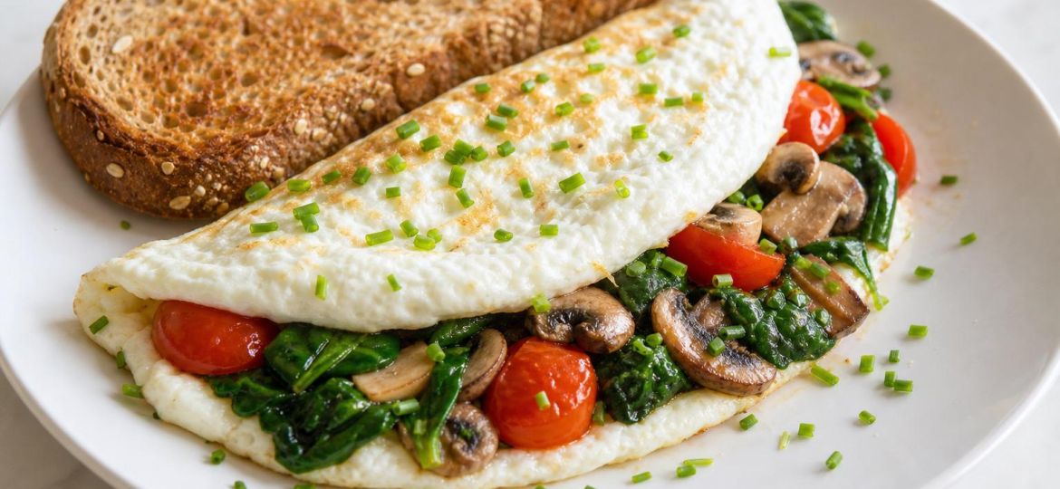 Egg-white omelet filled with spinach, mushrooms and tomatoes
