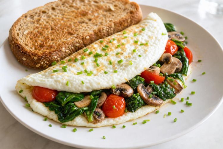 Egg-white omelet filled with spinach, mushrooms and tomatoes