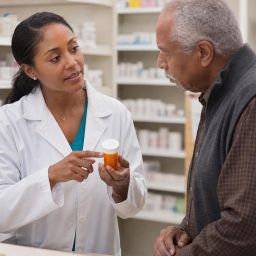 Pharmacist explaining a prescription to an older man at a pharmacy counter