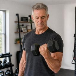 Man in his late fifties doing dumbbell bicep curls in a home gym