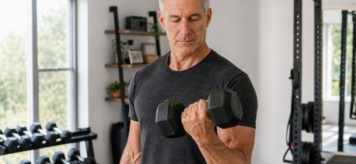 Man in his late fifties doing dumbbell bicep curls in a home gym