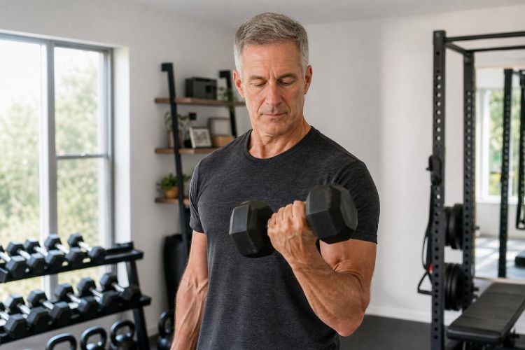 Man in his late fifties doing dumbbell bicep curls in a home gym