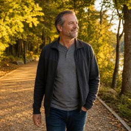 Man in his fifties taking a relaxing walk on a park path at golden hour