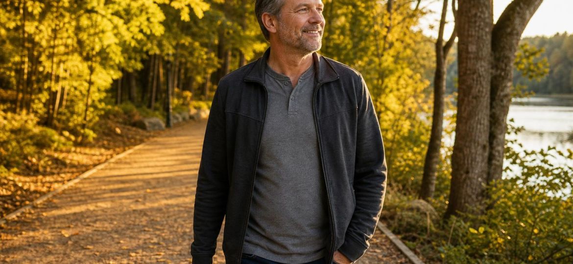 Man in his fifties taking a relaxing walk on a park path at golden hour