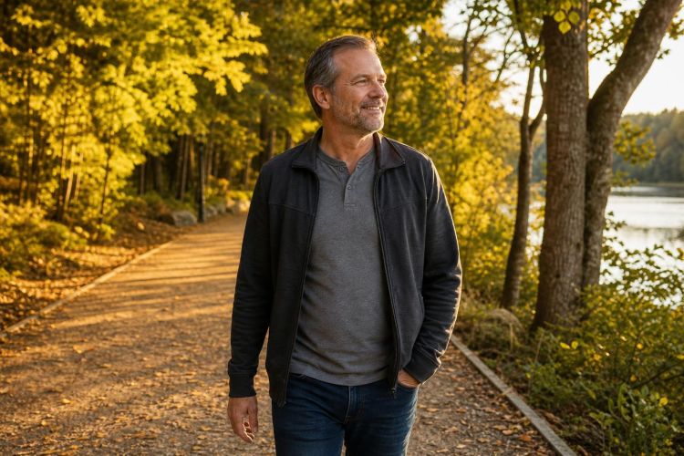 Man in his fifties taking a relaxing walk on a park path at golden hour