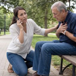 Woman calling for help while kneeling beside an older man on a park bench