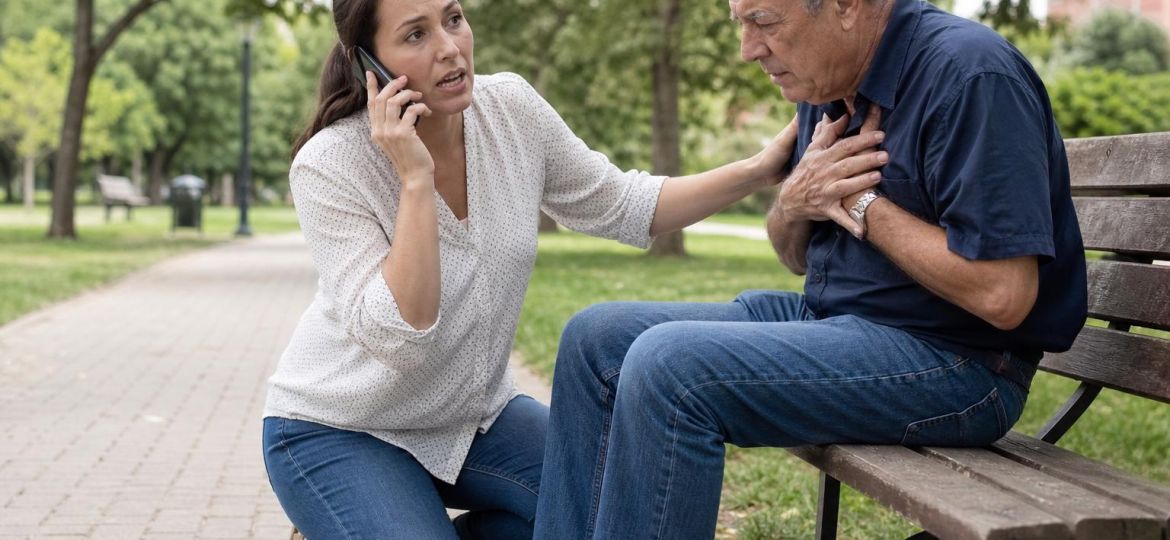 Woman calling for help while kneeling beside an older man on a park bench