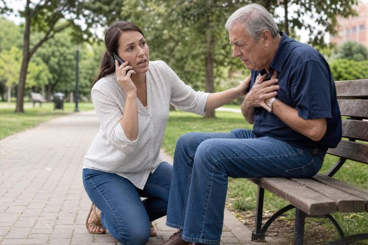 Woman calling for help while kneeling beside an older man on a park bench
