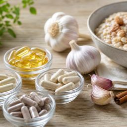 Supplement capsules in small glass dishes beside garlic, cinnamon and a bowl of oatmeal