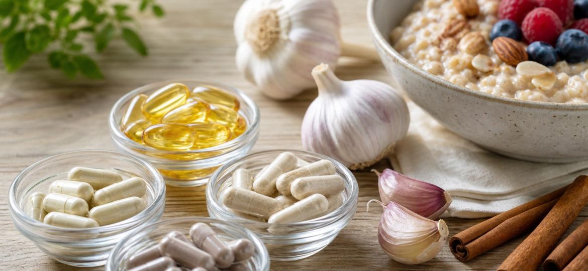 Supplement capsules in small glass dishes beside garlic, cinnamon and a bowl of oatmeal