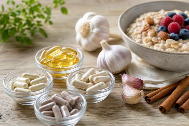 Supplement capsules in small glass dishes beside garlic, cinnamon and a bowl of oatmeal