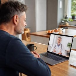 Man having a video call with a doctor on a laptop at his kitchen table
