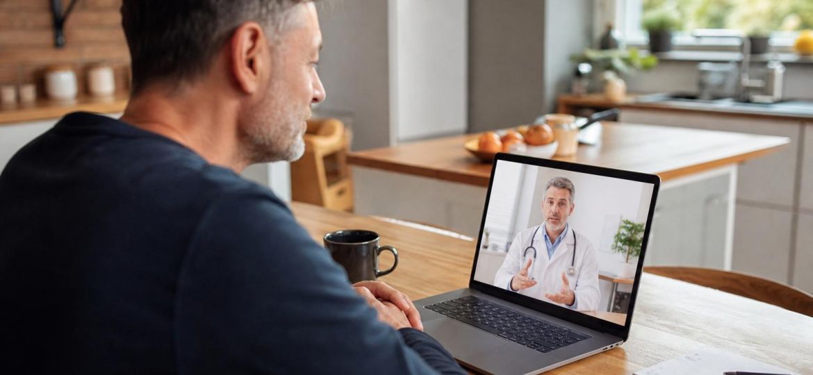 Man having a video call with a doctor on a laptop at his kitchen table