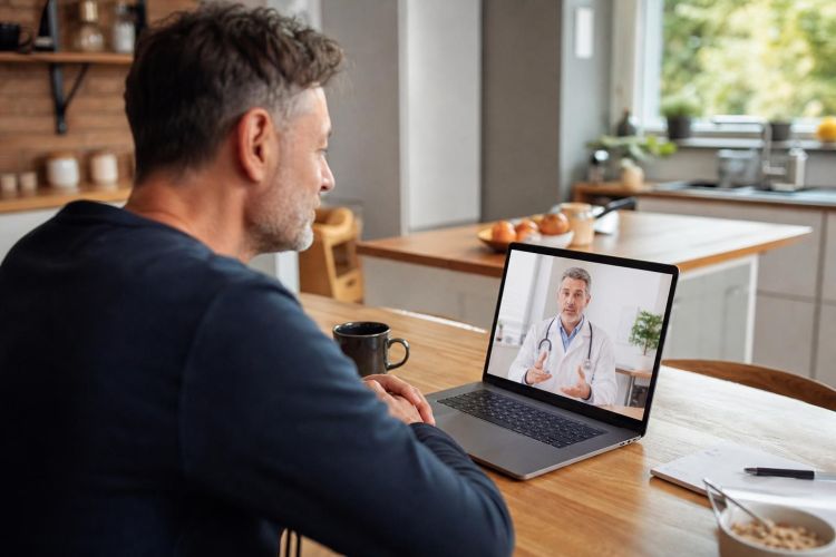 Man having a video call with a doctor on a laptop at his kitchen table