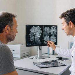 Neurologist reviewing a brain MRI with a patient