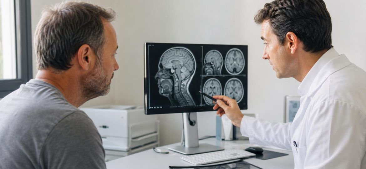 Neurologist reviewing a brain MRI with a patient