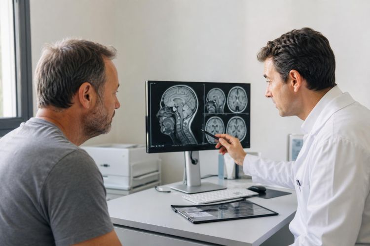 Neurologist reviewing a brain MRI with a patient