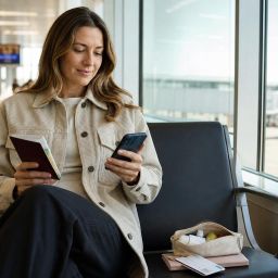 Traveler at an airport gate holding a passport and smartphone, with a travel medicine pouch