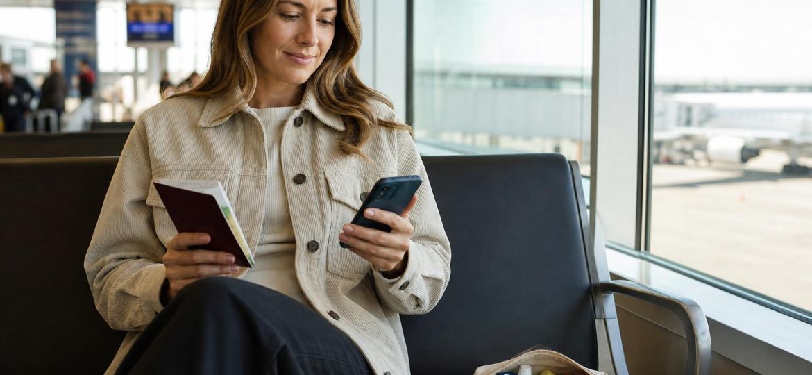 Traveler at an airport gate holding a passport and smartphone, with a travel medicine pouch