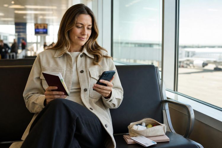 Traveler at an airport gate holding a passport and smartphone, with a travel medicine pouch
