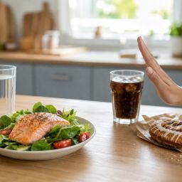 Salmon salad and water beside a pushed-aside soda and pastry