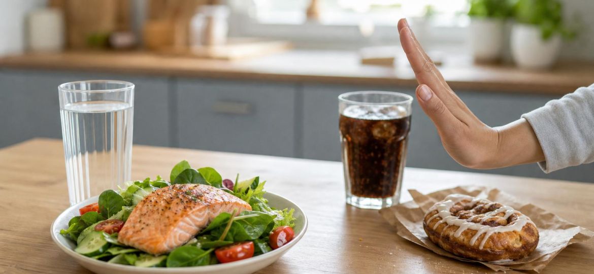 Salmon salad and water beside a pushed-aside soda and pastry