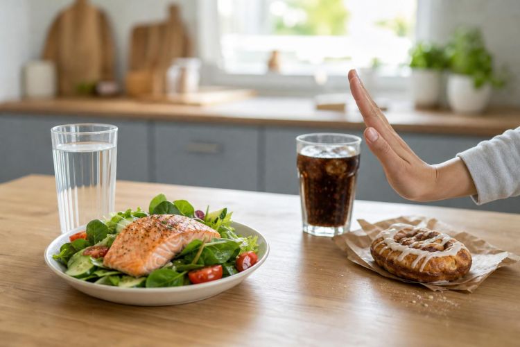 Salmon salad and water beside a pushed-aside soda and pastry