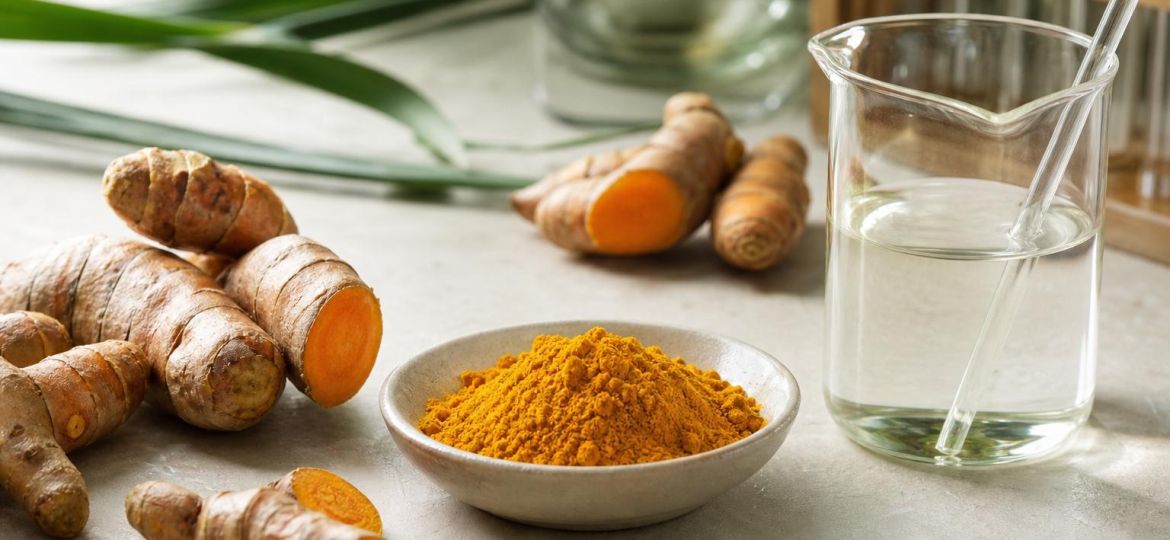 Fresh turmeric roots and a bowl of turmeric powder beside a laboratory beaker
