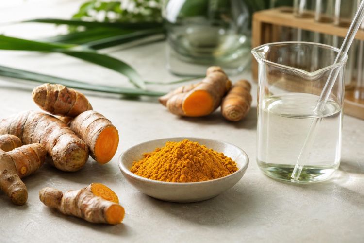 Fresh turmeric roots and a bowl of turmeric powder beside a laboratory beaker