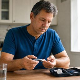 Man checking his blood sugar with a glucose meter at the kitchen table